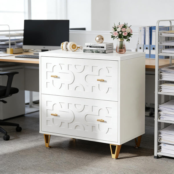 English Elm Multi-functional Nordic Filing Cabinet White Two Drawer Gold Handle Home Office Storage T3971P449298