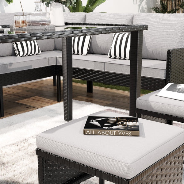 English Elm Small Patio Pe Rattan 7 Piece Outdoor Set with Tempered Glass Table and Cushioned Seating W2071P365907