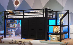 English Elm Twin Metal Low Loft Bed with Storage Stairs Fabric Drawers and Built-in Lights Black W5305S00045