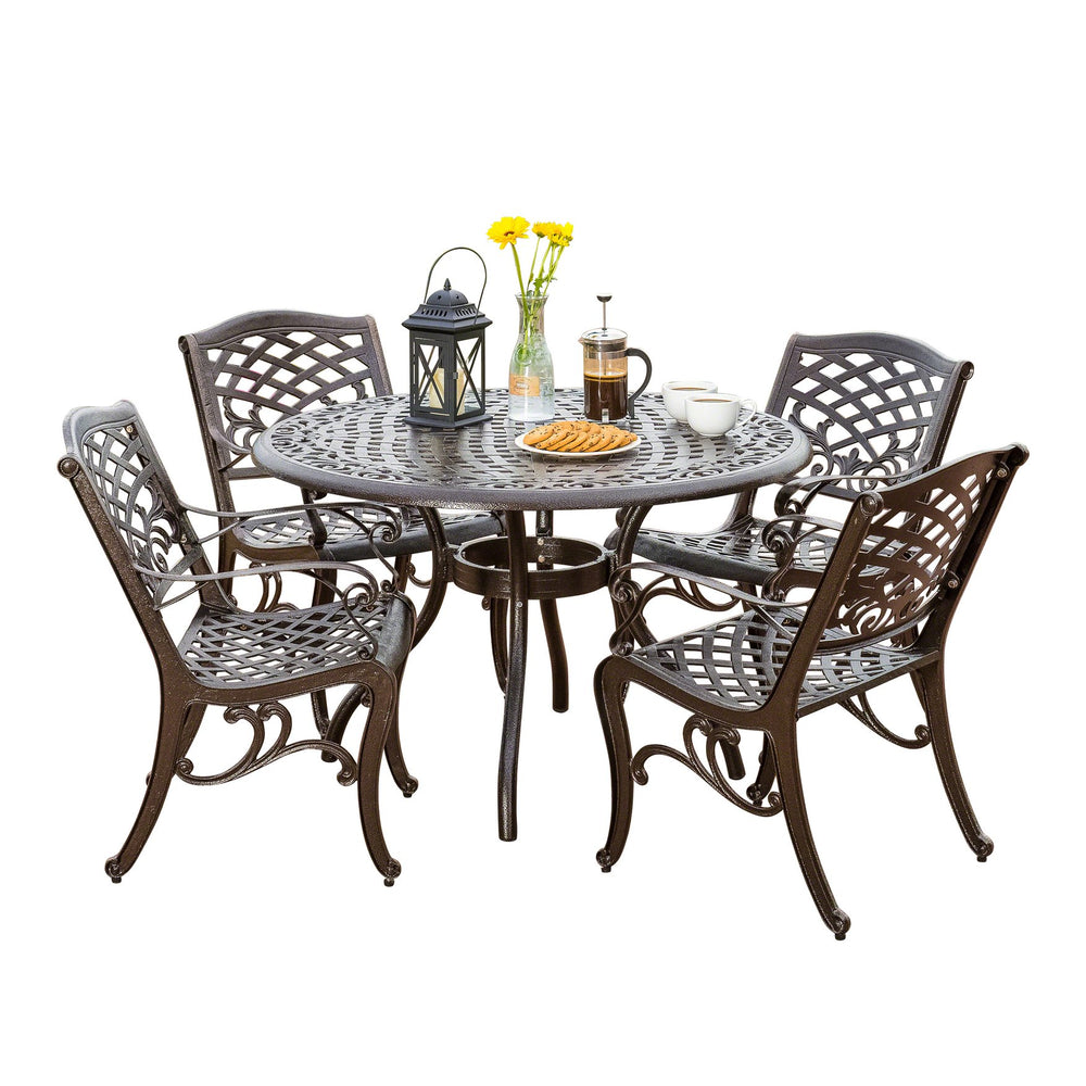 English Elm Christopher Knight Home® - Chachere Bronze 5-Piece Aluminum Patio Dining Set with Lattice Scrollwork, Umbrella Hole & Weather-Resistant Finish 54589.00BZE-4_54588.00BZE