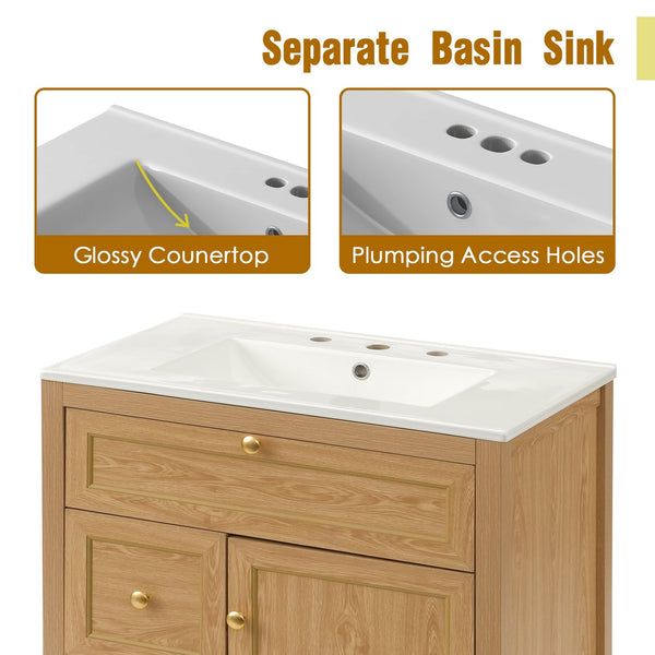 English Elm 30 Inch Fluted Freestanding Bathroom Vanity Solid Wood Soft Close Spa Style W5278S00002