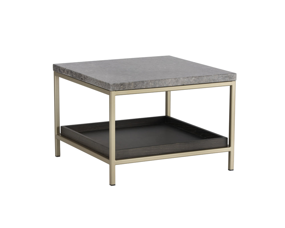 Sunpan Arden Rustic End Table with Grey Marble Top & Oak Shelf in Gold Iron Frame - Stylish & Unique Décor