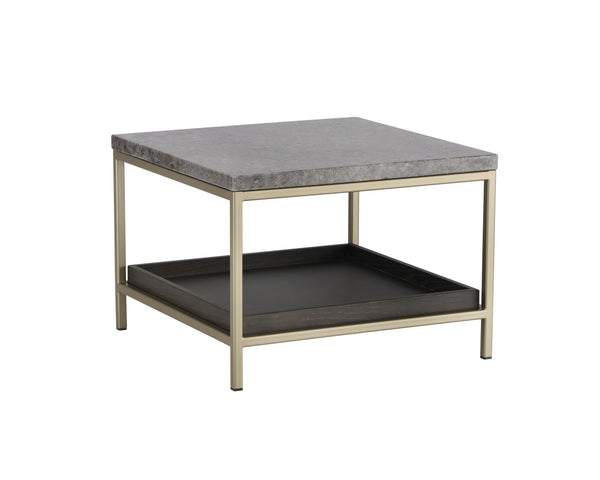 Sunpan Arden Rustic End Table with Grey Marble Top & Oak Shelf in Gold Iron Frame - Stylish & Unique Décor