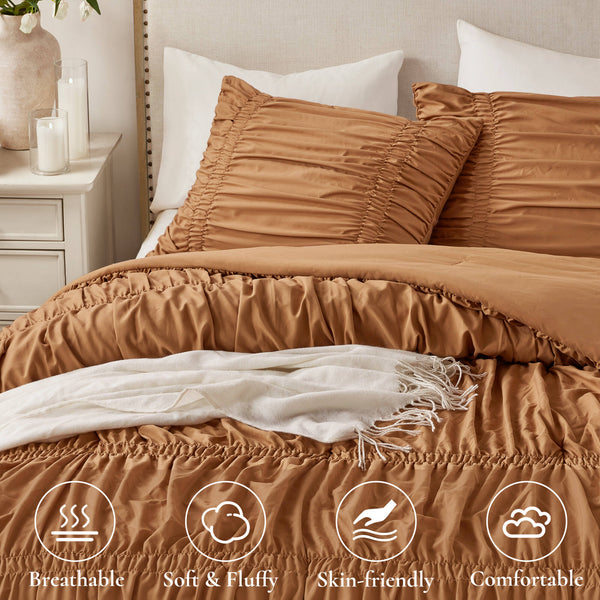 English Elm 2pcs Shabby Chic Ruched Comforter Set Bow Trim Brushed Polyester Fill Romantic Bedroom Brown B035P341088