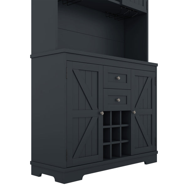 English Elm Coffee Bar Cabinet Dark Blue Farmhouse Buffet with Wine Cubbies, Stemware Rack, Drawers, Shelves & Prep Space Antique Blue W1580S00073