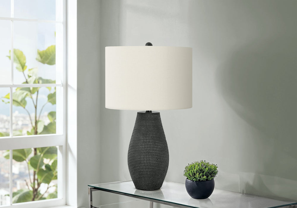 English Elm Lighting, Textured Resin Table Lamp with Ivory Drum Shade and Silver Finial Accent Black B2710P220113