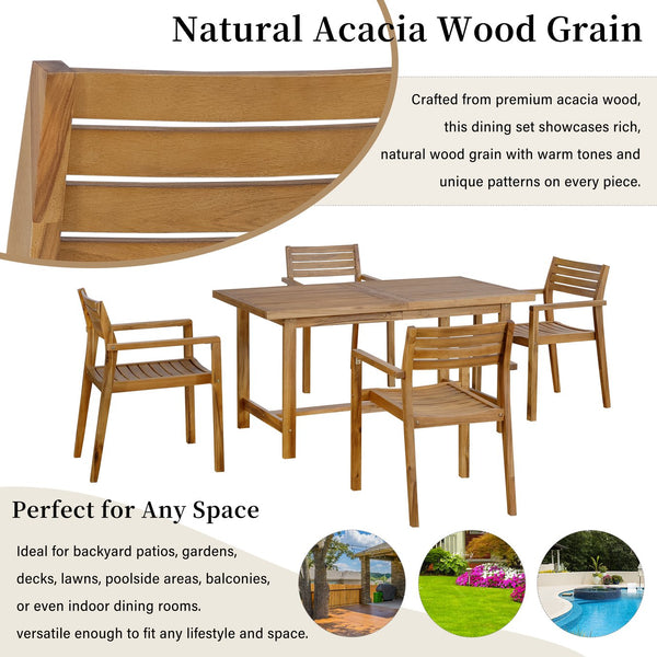 English Elm U_style Solid Acacia Wood Outdoor Dining Set Seats Four with Umbrella Hole Patio Natural WY000477AAO