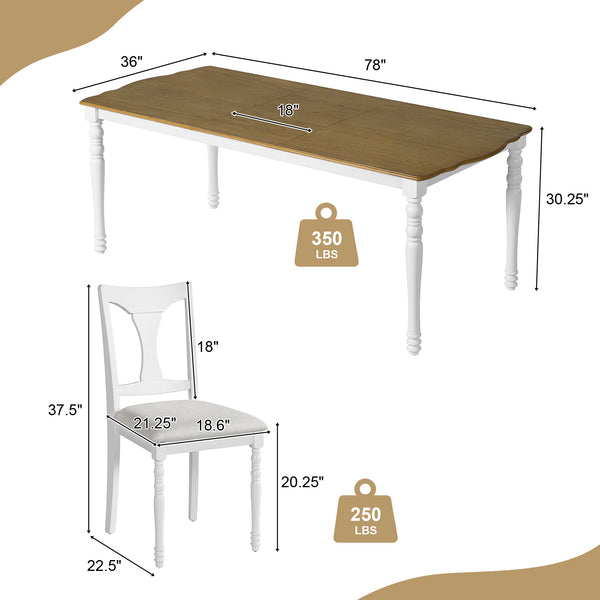 English Elm 7-Piece Extendable Dining Set with Removable Leaf and 6 Upholstered Chairs, Solid Rubberwood Legs, Seats 6 Natural+White N752S000030K