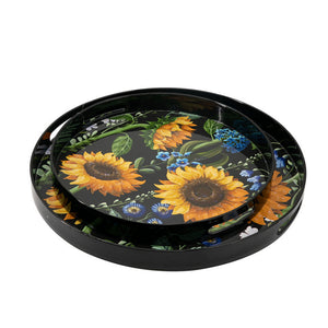 English Elm 2 Round Decorative Trays with Sunflower Motifs Tall Rim Mdf Living Room Accent B056P416849