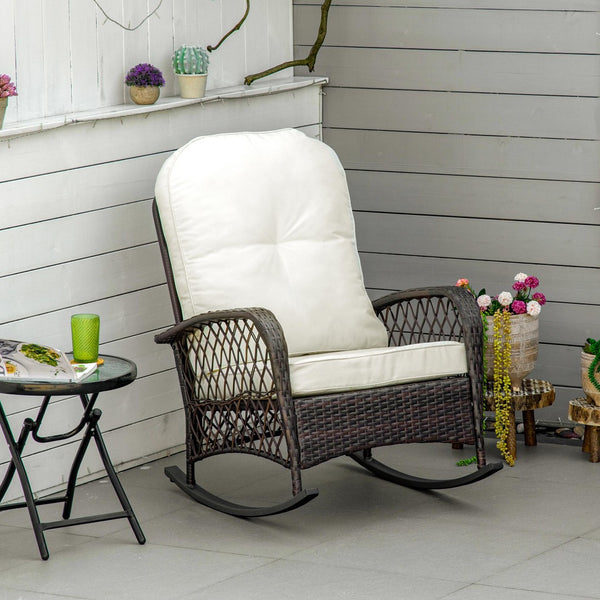 English Elm Outsunny Cream White Wicker Rocking Chair With Thick Cushion, Steel Frame, High Capacity For Outdoor Bliss W2225P200403-GIGA