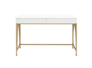 English Elm Lightmane White High Gloss Writing Desk with Gold Metal Legs, 2 Drawers, Sleek Modern Home Office Appeal B2726P305088