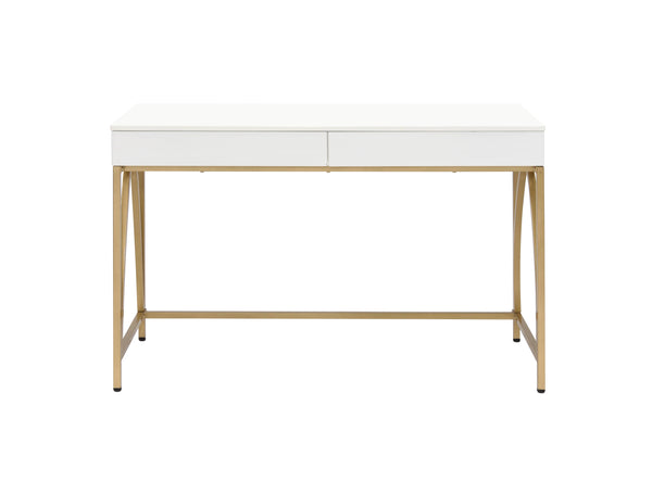 English Elm Lightmane White High Gloss Writing Desk with Gold Metal Legs, 2 Drawers, Sleek Modern Home Office Appeal B2726P305088