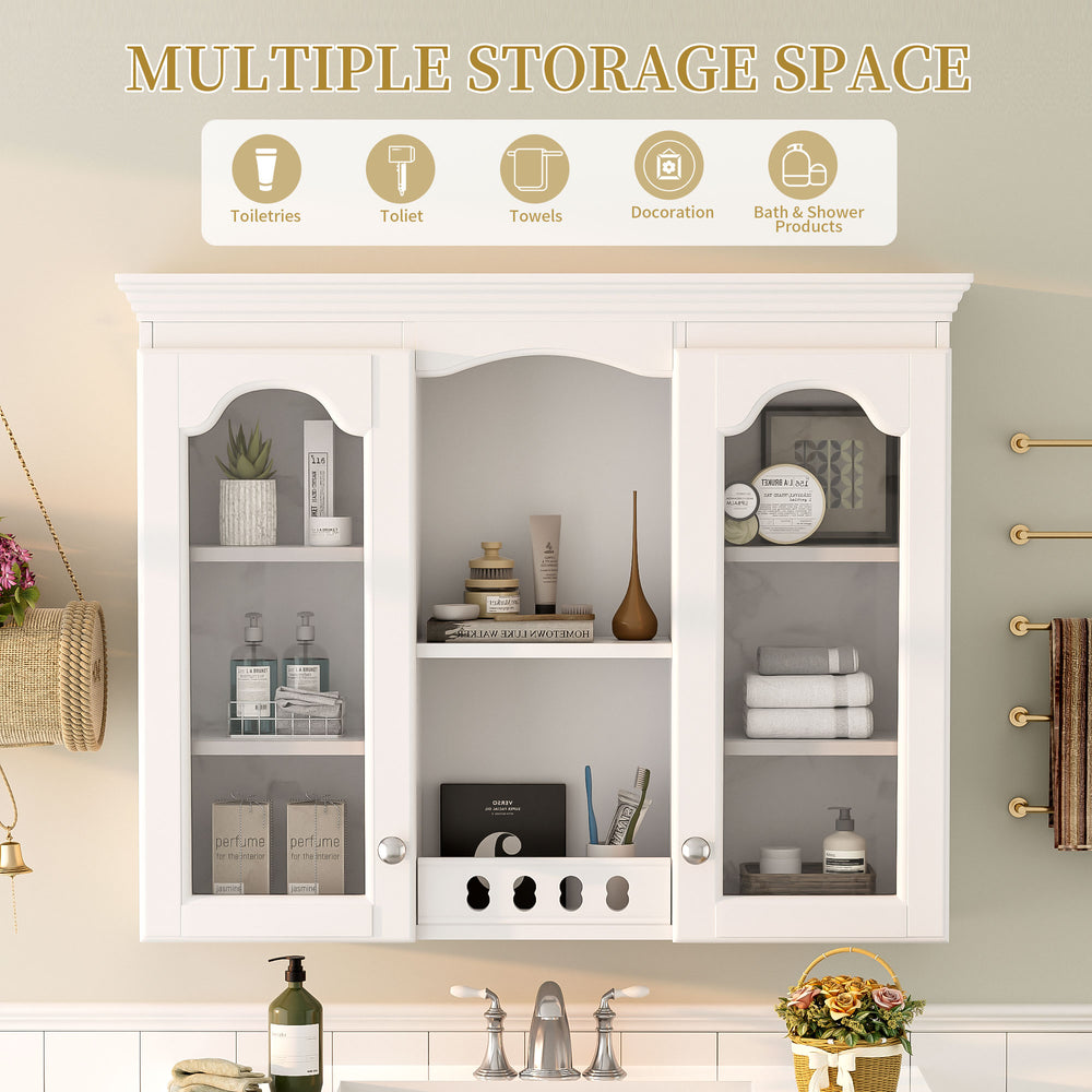 English Elm Wall Mounted Medicine Cabinet 36" White Retro Wall Cabinet with 2 Doors, Adjustable Shelves & Solid Wood Frame, Space-Saving Storage N710P264313K