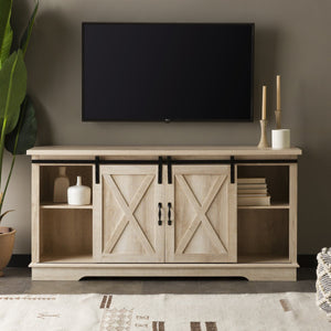 English Elm Walker Edison - Farmhouse Sliding X Barn Door TV Stand for 65" TVs — Rustic Grey Wash Console with Cable Management and Adjustable Shelves Gray Wash 63 L x 28 W x 6 H B185P169370
