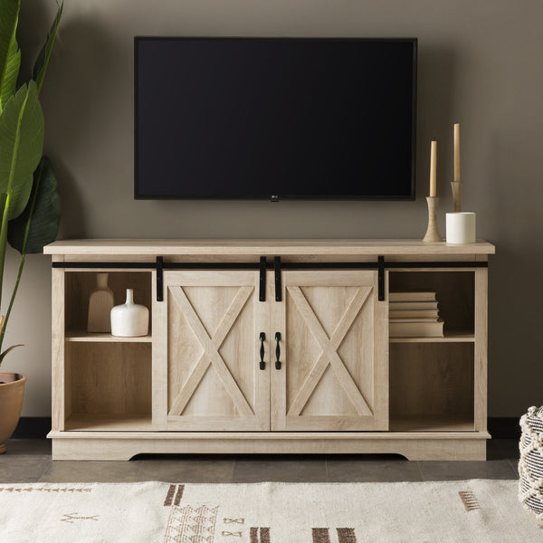 English Elm Walker Edison - Farmhouse Sliding X Barn Door TV Stand for 65" TVs — Rustic Grey Wash Console with Cable Management and Adjustable Shelves Gray Wash 63 L x 28 W x 6 H B185P169370
