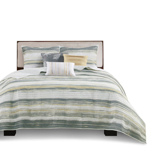 English Elm 6 Madison Park Marina Reversible Quilt Set Full/Queen with Coastal Watercolor Stripes & Embroidered Seashells Yellow 22.44 L x 17.72 W x 6.69 H B03597636