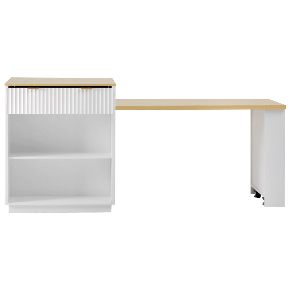 English Elm K&K Fluted Kitchen Island with Extendable Dining Table, Art Deco Mid-Century Design, Built-In Power Hub, Gold Handle White N707S000018W