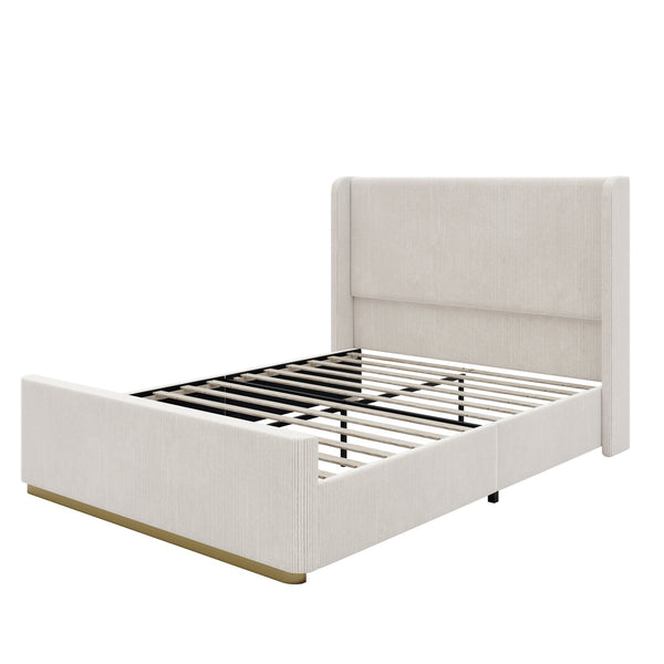English Elm Queen Corduroy Upholstered Bed with Vertical-Stripe Wingback Headboard, High Footboard, Metal Frame Durability N701P201393E