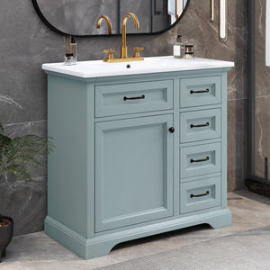 English Elm [video] 36 Inch Freestanding Bathroom Vanity Rubberwood Cabinet with Ceramic Sink Storage Grey N759P313315F