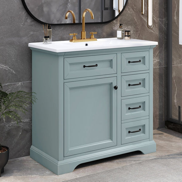 English Elm [video] 36 Inch Freestanding Bathroom Vanity Rubberwood Cabinet with Ceramic Sink Storage Grey N759P313315F