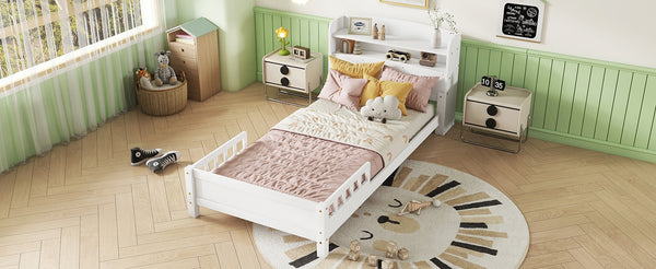 English Elm Twin Pine Wood Bed with Bookcase Headboard LED Motion Sensor Light Guardrails Ample Storage Space White W504P277596