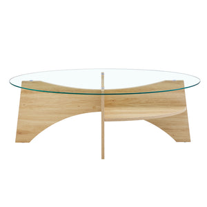 English Elm Oval Tempered Glass Coffee Table with Wood Grain Legs and Built-in Fan Tray Shelf W1151P256007