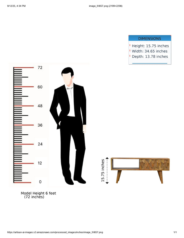 English Elm Pineapple Carve Oak Media Console with Rattan Accent, 1 Open Slot, Sliding Drawer, Nordic Legs B182P166493