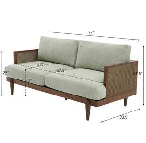 English Elm Emir Three Seat Boucle Sofa with Handwoven Cane Arms and Walnut Tapered Legs Light Green N773P285909G