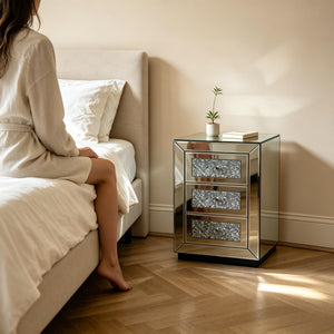 English Elm 3-drawer Mirrored Nightstand with Glitter Glam Silver Finish for Bedroom or Entryway W3935P462091