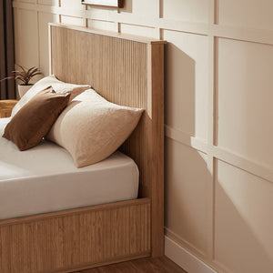 English Elm Natural Fluted Wood Platform Bed Minimalist Queen Frame with Tall Curved Headboard Oak W5219S00002
