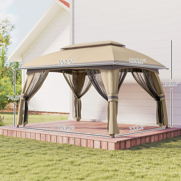 English Elm Large Vented Two-tier Patio Gazebo with Mesh Netting Steel Frame Backyard Shelter Beige T3971P425969