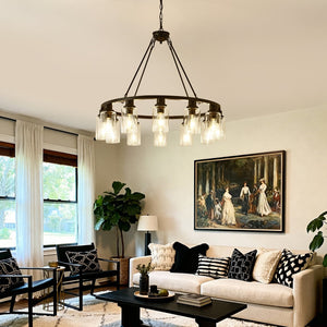 English Elm 34.25'' Farmhouse Wagon Wheel Chandelier 9 Light Seeded Glass Dining Room Fixture W5008P468521
