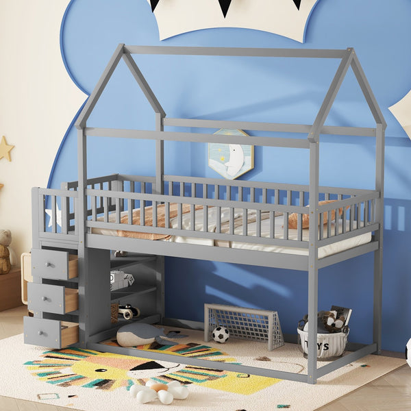 English Elm Twin/twin House Bunk Bed Solid Pine Playhouse Frame with Storage Drawers Shelves Grey W697S00033