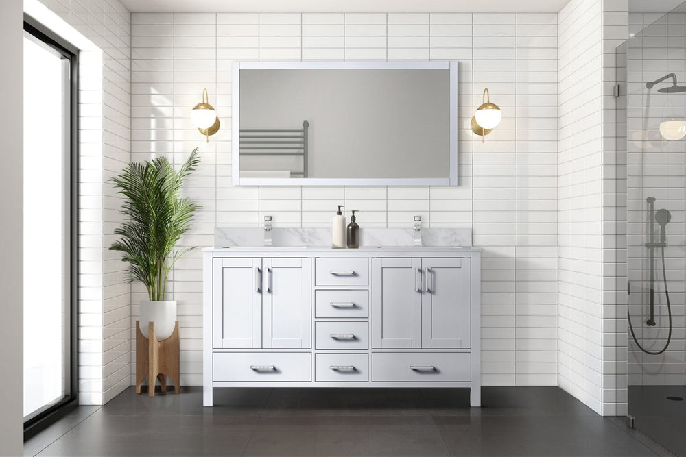 English Elm White Double Bath Vanity Set With Carrara Marble Top, Faucet, And 58-Inch Mirror For Stylish Storage B2731S00990-GIGA