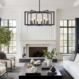 English Elm 27" Eight Light Matte Black Iron Geometric Chandelier for Dining and Living Spaces W1340P279980