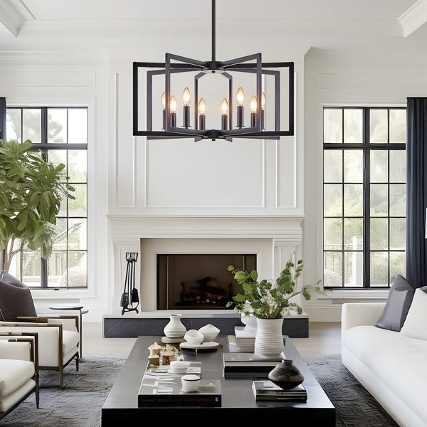 English Elm 27" Eight Light Matte Black Iron Geometric Chandelier for Dining and Living Spaces W1340P279980
