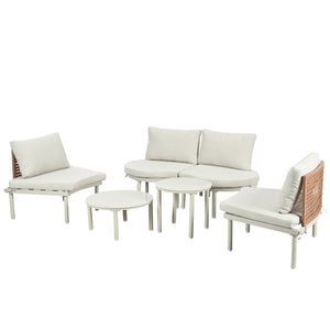 English Elm TOPMAX 6-Piece Modular Patio Sofa Set with 2 High-Low Coffee Tables, PE Wicker, Tempered Glass, Cushioned Comfort and Versatile Outdoor Configuration Beige SP100028AAA