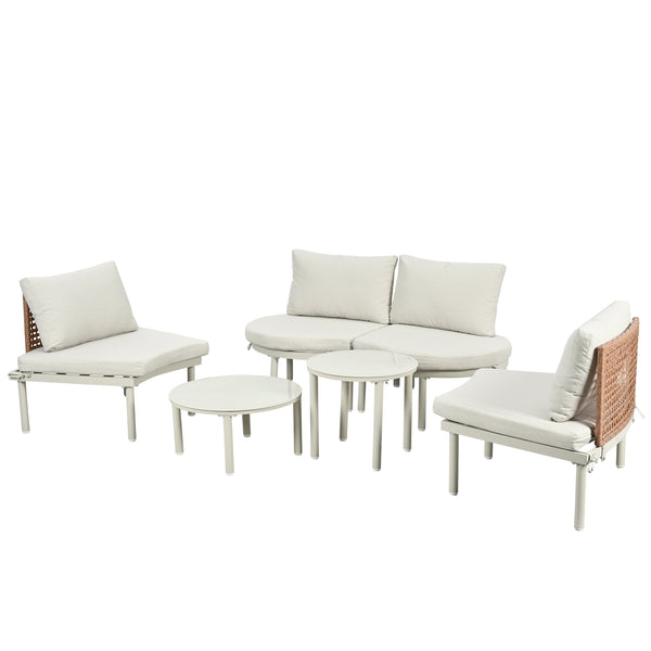 English Elm TOPMAX 6-Piece Modular Patio Sofa Set with 2 High-Low Coffee Tables, PE Wicker, Tempered Glass, Cushioned Comfort and Versatile Outdoor Configuration Beige SP100028AAA
