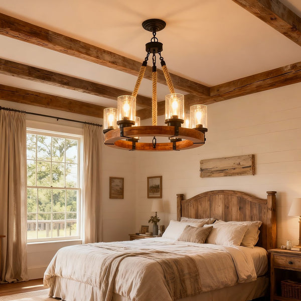 English Elm 23.62 Inch Wagon Wheel Chandelier Wood Metal Frame Seeded Glass Farmhouse Dining W5008P390657