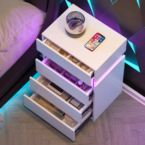 English Elm Nightstand with Led Backlighting Acrylic Panel Four Drawers Modern Bedroom Side Table White W2178P246212