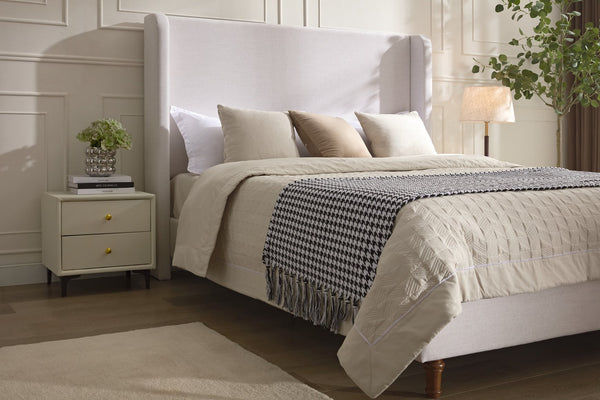 English Elm Harper Wingback King Bed Ivory Canvas Upholstery Walnut Feet Architectural Bedroom B191P450000