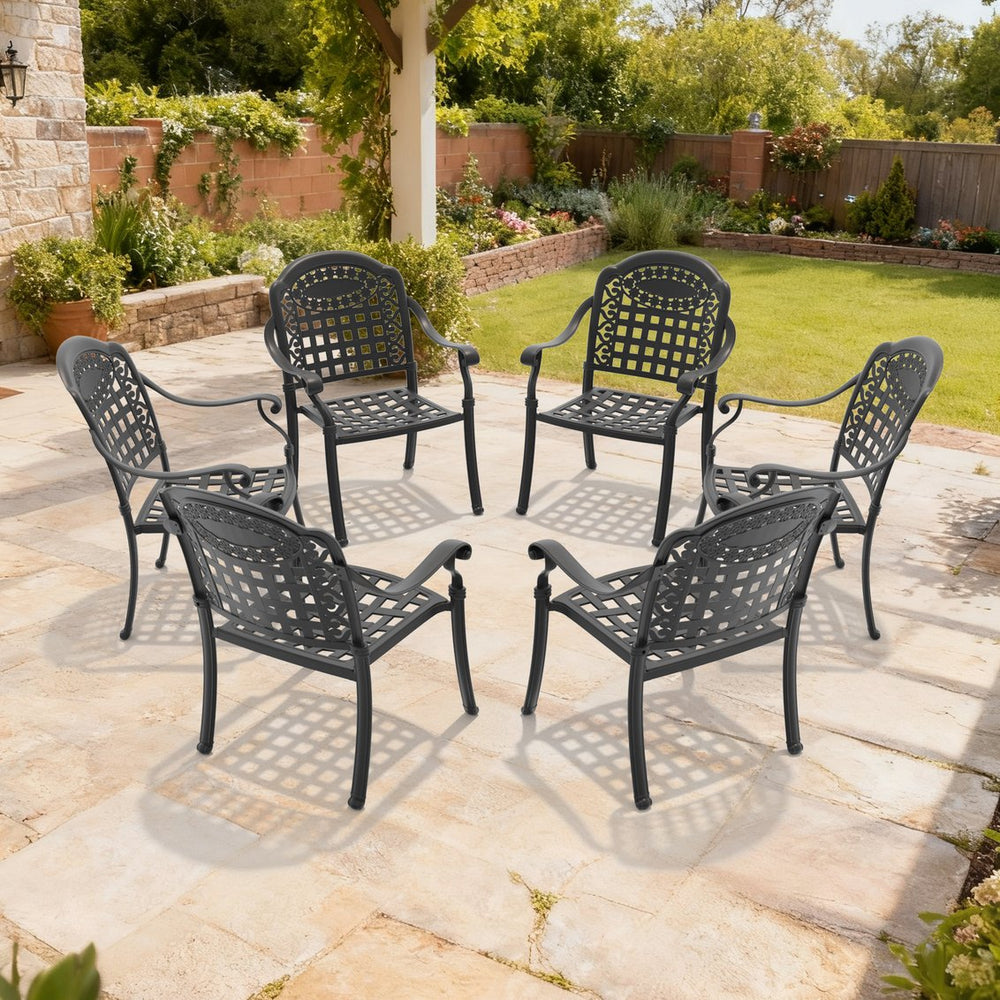 English Elm Cast Aluminum Ornate Carved Patio Dining Chairs Powder Coated Set of Six Outdoor W1710S00511