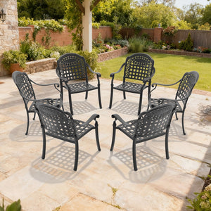 English Elm Cast Aluminum Ornate Carved Patio Dining Chairs Powder Coated Set of Six Outdoor W1710S00511