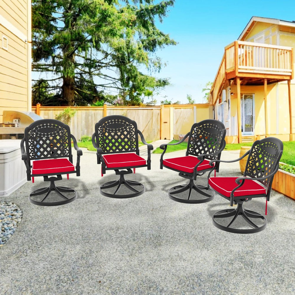 English Elm Cast Aluminum Swivel Patio Dining Chairs Set of Four with Ornate Scrollwork Outdoor Seating W1710S00669