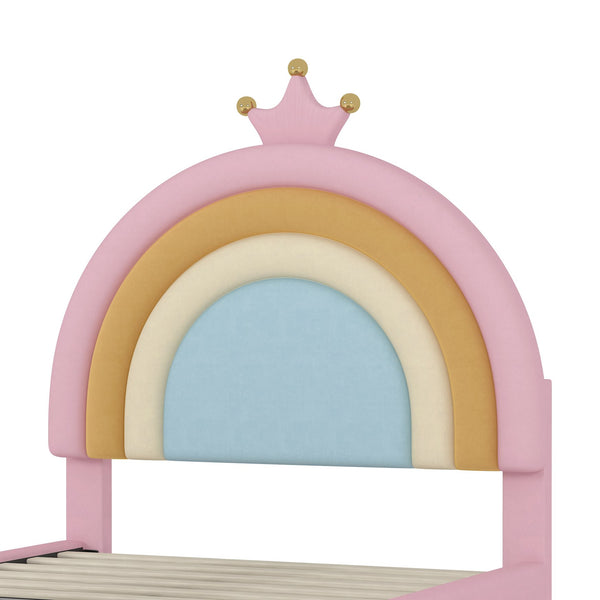 English Elm Twin Velvet Rainbow Bed with Storage Drawer — Pink Upholstered Platform, No Box Spring Needed, Cute N733P234606H