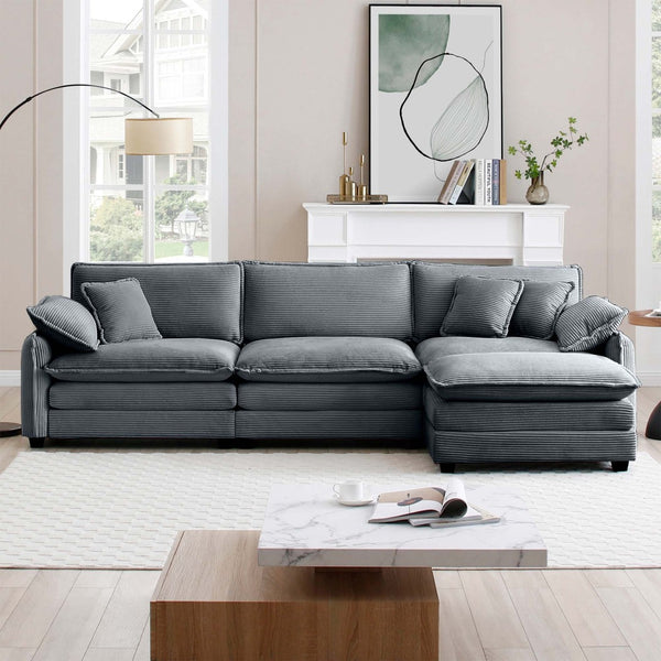 English Elm Oversize L-Shaped 3-Seater Sofa With Ottoman - Plush Grey Corduroy For Modern Living Spaces W714S00757-GIGA