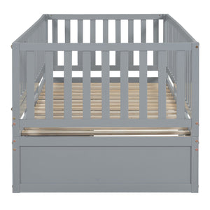 English Elm Twin Pinewood Daybed with Fence Guardrails Two Storage Drawers and Split Floor Bed Gray LP200881AAE