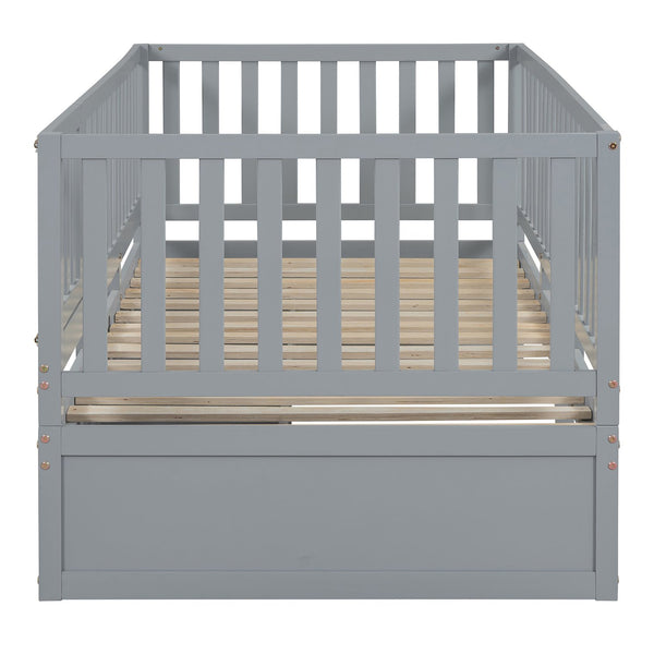 English Elm Twin Pinewood Daybed with Fence Guardrails Two Storage Drawers and Split Floor Bed Gray LP200881AAE