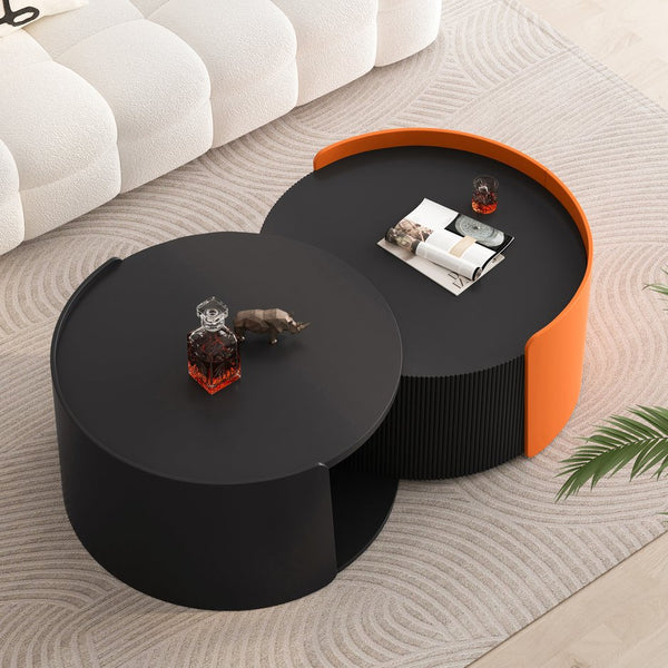 English Elm Nesting Modern Round Coffee Table Set with Sliding Extendable Top, Space-Saving MDF Design, 66lb Capacity Black W757P186977