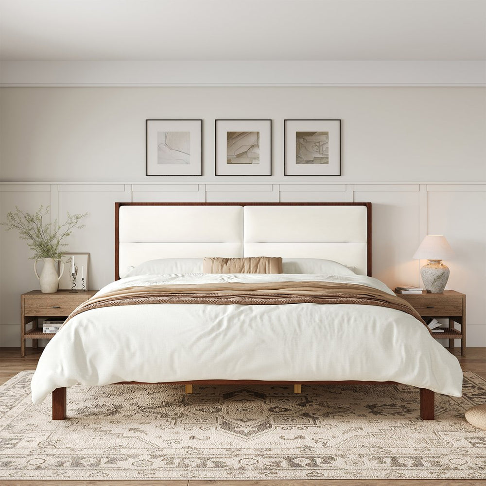 English Elm Solid Wood Queen Platform Bed Velvet Tufted Headboard Architectural Slat Design Espresso N7090000743P